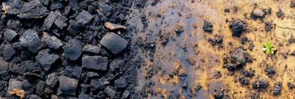 Contrasting soil and new growth concept with cracked earth texture and emerging green plant photo