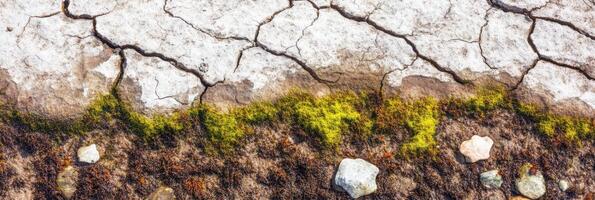Top view of dry cracked earth with moss and stones illustrating environment contrast photo