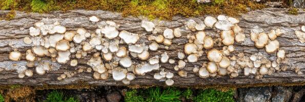 Fungi growth on moss-covered log in woodland habitat with texture and detail photo