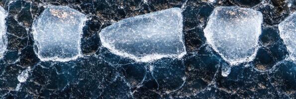 Aerial view of large ice chunks in cold water creating natural patterns photo