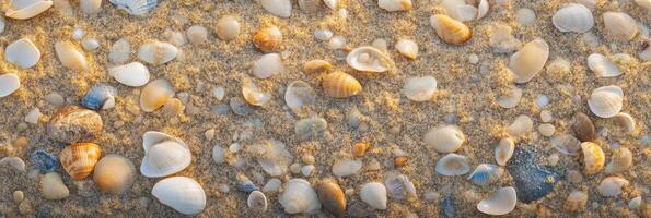 Assorted seashells on sandy beach surface showing natural ocean texture photo