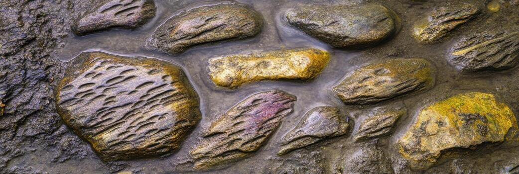 Wet stones with unique textures in natural setting surrounded by subtle water photo