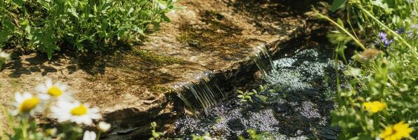 Tranquil spring water flowing over moss-covered rocks in a lush garden photo