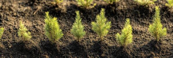 Young pine tree seedlings growing in rows on a field for forestry and reforestation concept photo