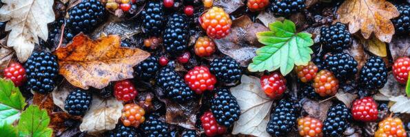 Vibrant close-up of ripe blackberries with fallen leaves and green leaf photo