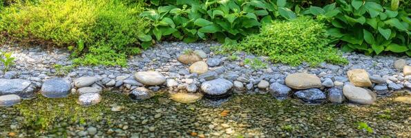 Tranquil garden riverbank with rocks and lush green foliage reflection photo