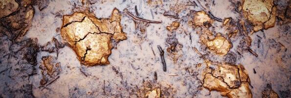 Cracked mud terrain with golden light reflection for natural texture background photo