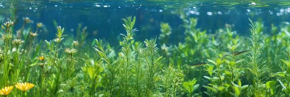 Underwater scene with freshwater plants and fish in clear aquatic environment photo