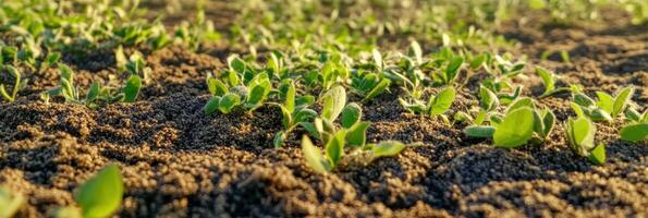 Young green sprouts emerging from fertile soil in sunlit field photo