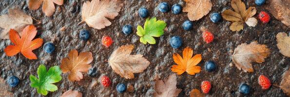 Autumn leaves and berries on rustic ground, showcasing nature's vibrant colors photo