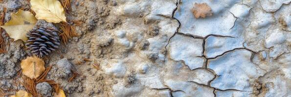 Autumn leaves and pine cone on dry cracked earth ground texture for nature concept photo