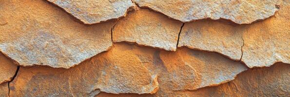 Textured surface of dried cracked earth in warm orange tones highlighting natural patterns photo