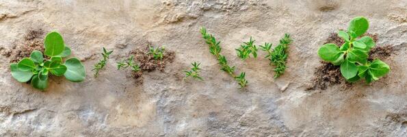 Green plants growing on weathered concrete wall, symbol of resilience and natural persistence photo