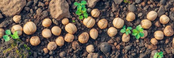 Arrangement of round seeds and green sprouts on dark soil with rocks concept photo