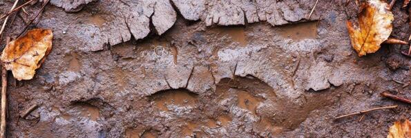 Animal footprints in wet mud with autumn leaves in forest pathway photo