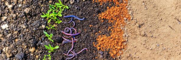 Earthworms and seedlings in varied soil types showing biodiversity and soil health photo
