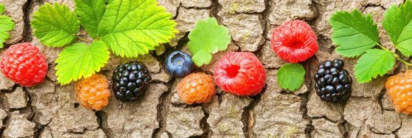Fresh assorted berries on rustic tree bark with vibrant green leaves photo