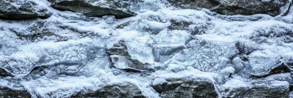 Snow-covered stone wall texture for winter backgrounds and seasonal themes photo