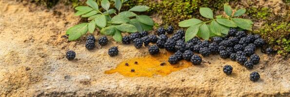 Fresh blackberries on rustic stone surface with green leaves and moss accents photo
