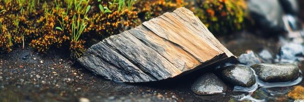 Close-up of weathered wood and rocks in a natural stream setting photo