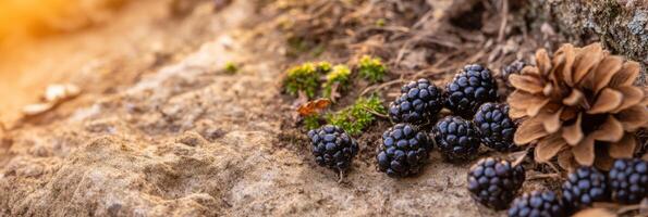 Blackberries and pine cone on forest floor with moss and autumn vibes photo