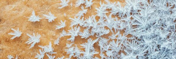 Intricate ice crystals on surface in cold winter season photo