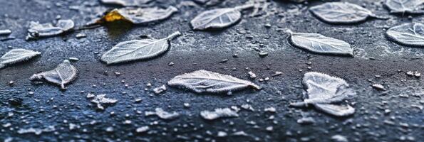 Frost-covered leaves on a cold winter morning surface capturing nature's chill photo