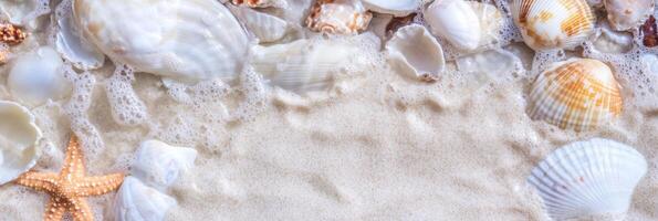 Coastal sand and seashells with starfish patterning by gentle waves photo