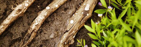 Close-up of tree roots with lichen on soil surface surrounded by green foliage photo