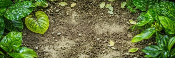 Vibrant green foliage surrounding rich soil with scattered pebbles and seeds photo