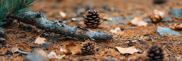 Close-up view of forest floor with pine cones, leaves, and a tree branch photo