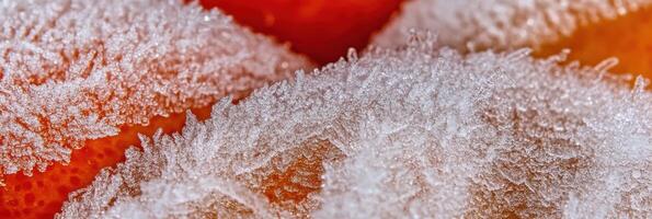 Frosted surface of frozen fruit with intricate ice crystals on orange background photo