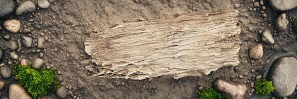 Weathered driftwood surrounded by pebbles and moss on a sandy beach surface photo