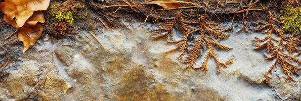 Autumn leaves and fern patterns on icy ground in a forest setting photo