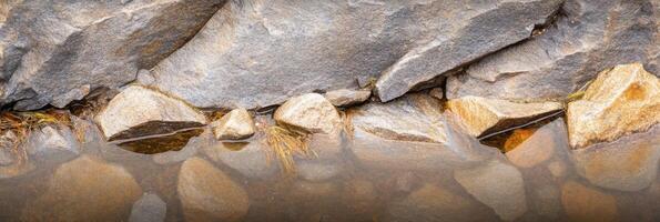 Natural rock formation with reflections in calm water along riverbank photo