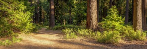 Pathway through a sunlit forest with lush greenery and tall trees in daylight photo