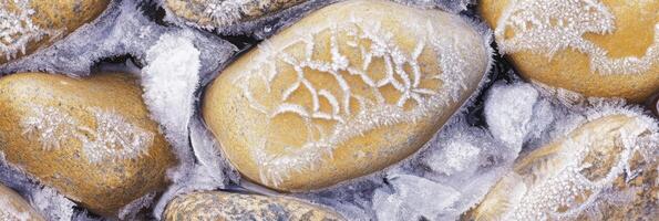 Close-up of frost-covered rocks and ice in winter nature scene photo