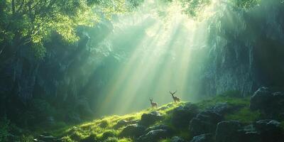 Two deer standing in a serene forest glade with ethereal sun rays photo