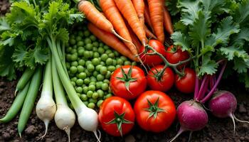 Freshly Harvested Garden Vegetables Displayed on Soil Surface in Sunlight photo