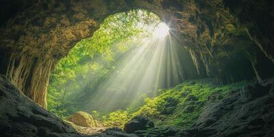 Sun Rays Illuminating Lush Green Cave Entrance in Tranquil Forest photo