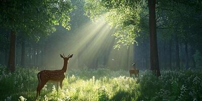 Deer standing in forest with sun rays shining through trees photo