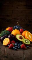 Vibrant fruit and vegetable assortment on rustic wooden surface display photo