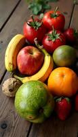 Fresh Fruits Display on Wooden Tabletop with Tomatoes and Bananas photo