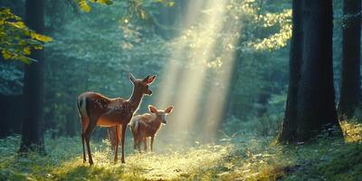 Two young deers standing in a forest illuminated by sun rays photo