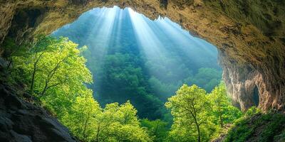 Sunbeams Streaming into Verdant Cave Opening with Lush Forest View photo