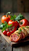 Fresh tomatoes and bruschetta on a rustic wooden board for appetizer photo