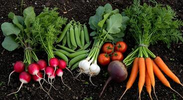 Freshly Harvested Vegetables from Organic Farming on Dark Soil Background photo