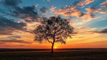 Silhouette of a Tree Against a Vibrant Sunset Sky in Tranquil Scene photo