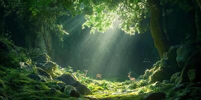 Deer family in forest clearing with sun rays streaming through trees photo