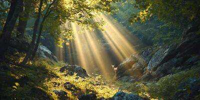 Deer standing peacefully in forest illuminated by golden sun rays photo